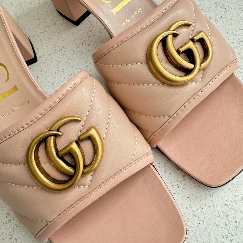 Gucci GG Block Heel Quilted Leather Sandals EU 39.5 US 9.5 Nude - Picture 5 of 8